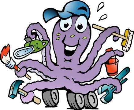 Hand-drawn vector illustration of an happy busy octopus handyman Stock Illustration