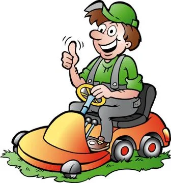Hand-drawn vector illustration of an happy gardener riding his lawnmower Stock Illustration
