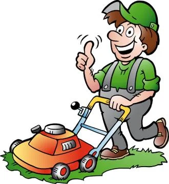 Hand-drawn vector illustration of an happy gardener with his lawnmower Stock Illustration