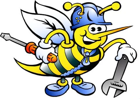 Hand-drawn vector illustration of an happy working bee holding wrench and scr Stock Illustration