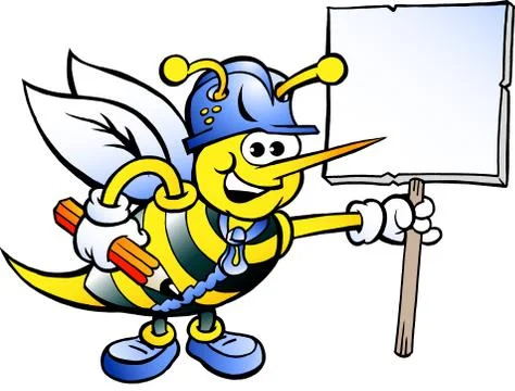 Hand-drawn vector illustration of an happy working bee holding a sign Stock Illustration
