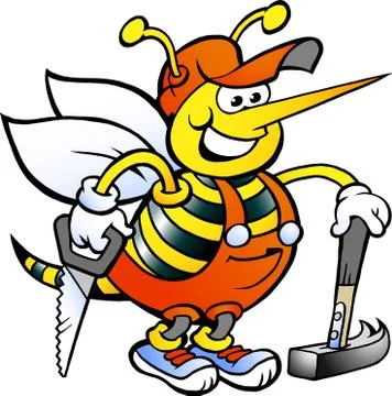 Hand-drawn vector illustration of an happy working carpenter bee Stock Illustration