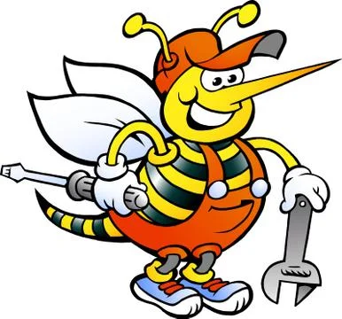 Hand-drawn vector illustration of an happy working bee holding wrench and scr Stock Illustration