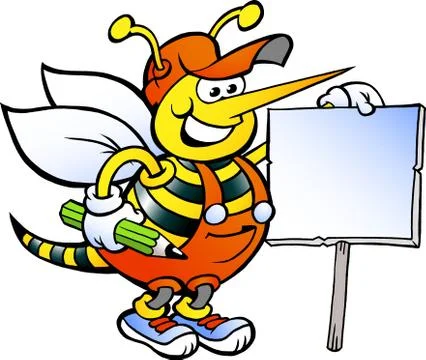 Hand-drawn vector illustration of an happy working bee holding a sign Stock Illustration