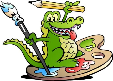 Hand-drawn vector illustration of an happy creative artist crocodile Stock Illustration