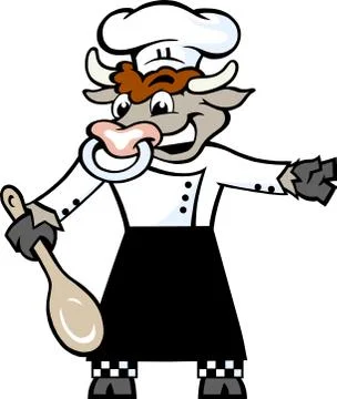 Hand-drawn vector illustration of an happy bull chef standing and welcome wit Stock Illustration