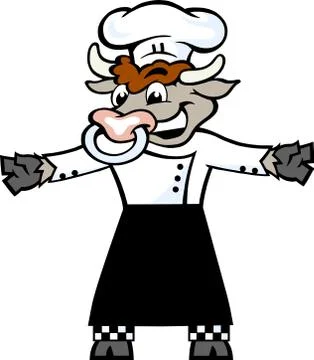 Hand-drawn vector illustration of an happy bull chef standing and welcome Stock Illustration