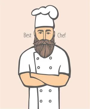 Hand drawn vector illustration of hipster chief-cooker with a mustache and be Stock Illustration