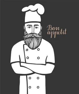 Hand drawn vector illustration of hipster chief-cooker with a mustache and be Stock Illustration