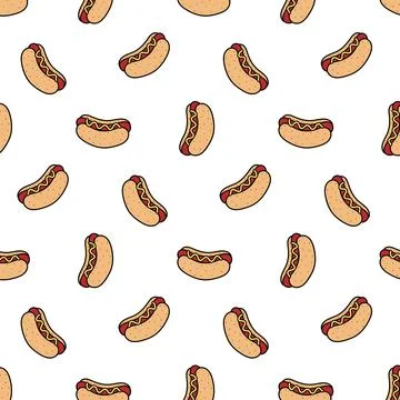 Hand drawn vector illustration of hot dog pattern in cartoon style. Stock Illustration