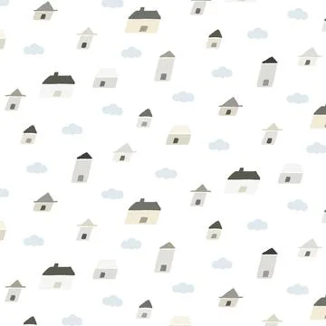 Hand drawn vector illustration of house with cloud pattern in minimal cartoon イラスト素材