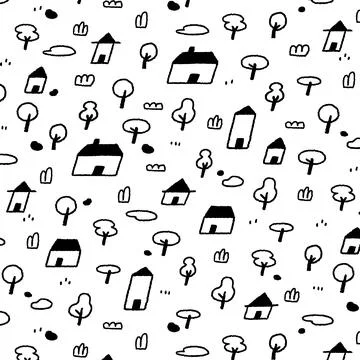 Hand drawn vector illustration of house with tree pattern in cartoon style. 스톡 일러스트