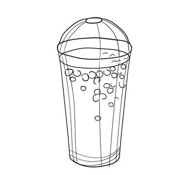 Hand-drawn vector illustration of ice coffee. With black circuit without fill on Stock Illustration