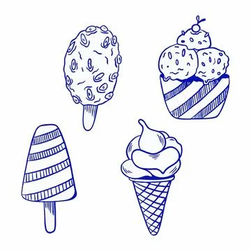 Hand drawn vector illustration of ice cream, doodle art set. Blue line Stock Illustration