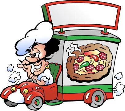 Hand-drawn vector illustration of an italien pizza dilevery car Stock Illustration