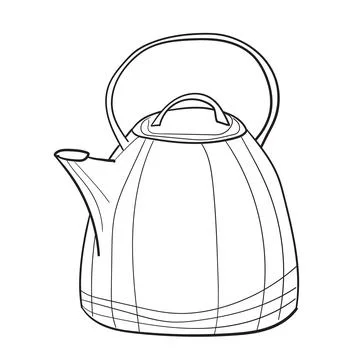 Hand-drawn vector illustration of kettle. With black circuit without fill on Stock Illustration