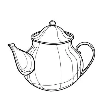 Hand-drawn vector illustration of kettle. With black circuit without fill on Stock Illustration