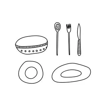 Hand drawn vector illustration of kitchen utensils - plates, bowl, spoon, fork Stock Illustration