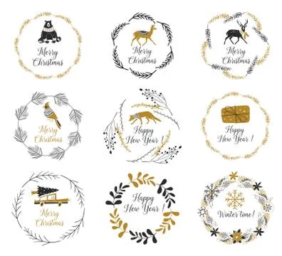 Hand drawn vector illustration - Laurels and wreaths. Merry Christmas. Happy New Stock Illustration