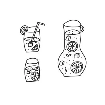 Hand drawn vector illustration of lemonade pitcher with two full glasses of l Stock Illustration
