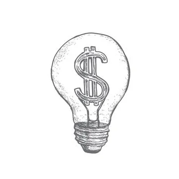 Hand drawn vector illustration of  light bulb. Ideas to make money. Isolated Illustrazione stock