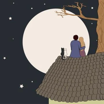 Hand drawn vector illustration of loving couple sitting on roof, looking at m Stock Illustration