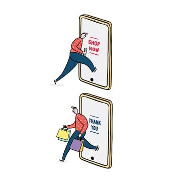 Hand drawn vector illustration of man using smart phone for online shopping. Illustrazione stock