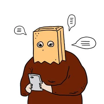 Hand drawn vector illustration of man with paper bag using smartphones. Stock Illustration