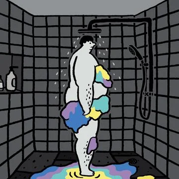 Hand drawn vector illustration of man taking a shower in the bathroom. 스톡 일러스트