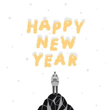 Hand drawn vector illustration of a man standing at top of the mountain Stock Illustration