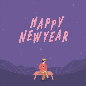 Hand drawn vector illustration of a man sitting on a bench on snow background Illustrazione stock