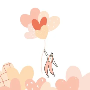 Hand drawn vector illustration of man flying with heart balloon 스톡 일러스트