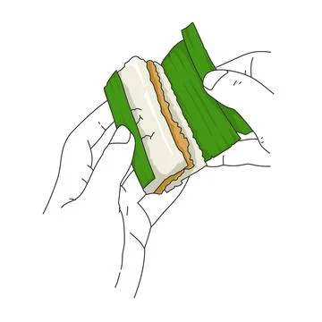 Hand drawn vector illustration of a man holding steamed sticky rice lemper with  Stock-Illustration