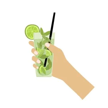 Hand drawn vector illustration of Mojito cocktail with mint leaves. Isolated on Stock Illustration