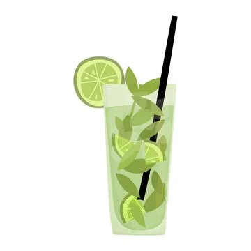 Hand drawn vector illustration of Mojito cocktail with mint leaves. Isolated on Stock Illustration