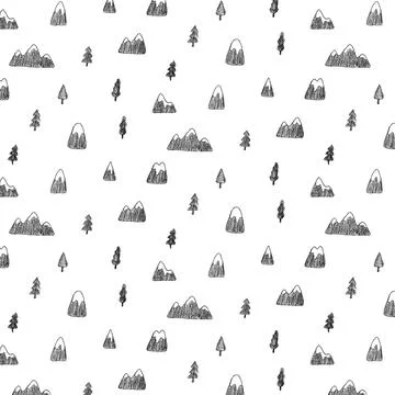 Hand drawn vector illustration of mountain and tree pattern in drawing style. Illustrazione stock