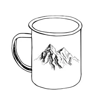 Hand drawn vector illustration of a mug decorated with mountains in doodle style Stock Illustration