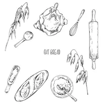 Hand drawn vector illustration of oat bread recipe 스톡 일러스트