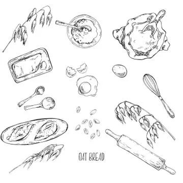 Hand drawn vector illustration of oat bread recipe Stock Illustration