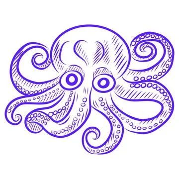 Hand drawn vector illustration of octopus, sea creature, blue line art Illustration
