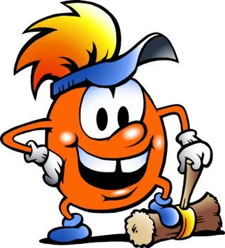 Hand-drawn vector illustration of an orange gobling with a big hammer Stock Illustration