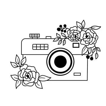 Hand drawn vector illustration in outline style. Retro camera with flower Stock Illustration