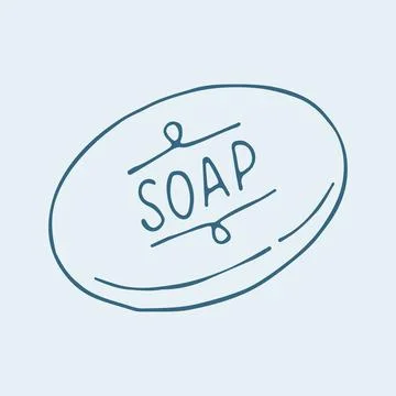 Hand drawn vector illustration of an oval bar of soap with SOAP text Stock Illustration