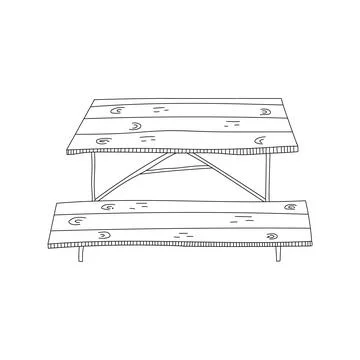 Hand drawn vector illustration of park picnic table with benches. Cartoon doodle Stock Illustration