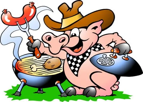 Hand-drawn vector illustration of an pig standing and making bbq Stock Illustration