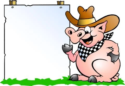 Hand-drawn vector illustration of an pig chef in front of a sign Stock Illustration