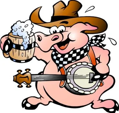 Hand-drawn vector illustration of an pig playing banjo Stock Illustration