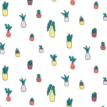 Hand drawn vector illustration of plants in pots pattern 스톡 일러스트