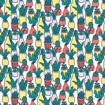 Hand drawn vector illustration of plants in pots pattern Illustrazione stock