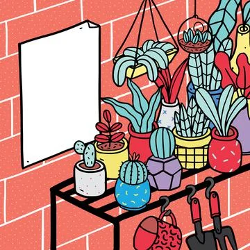 Hand drawn vector illustration of plants in pots on shelves and blank poster 스톡 일러스트